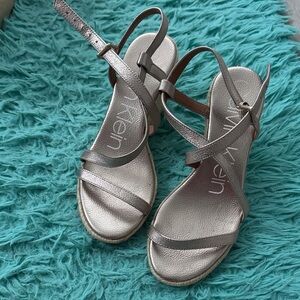 Calvin Klein Gold Metallic Strappy Wedge Sandals